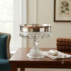 Indiana Glass Kings Crown Thumbprint Compote Silver Rim Pedestal Bowl Vintage
